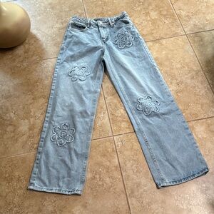 Cali 1850 Jeans Juniors 3 Blue Straight Leg‎ Flower Embroidered Y2K Boho Denim